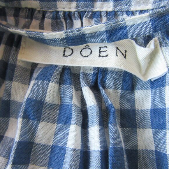 DOEN Blue & White Gingham Check Midi Button L Puffy Sleeves Waist Sash Dress - Picture 4 of 5